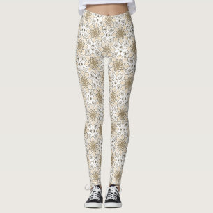 Beige Floral Mandala Circle Batik Pattern Leggings