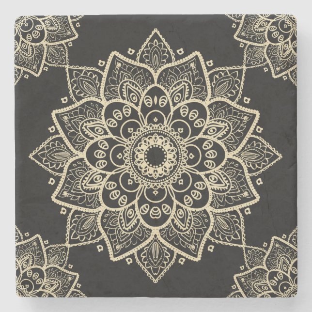Beige Floral Mandala Over Black Background Stone Coaster (Front)