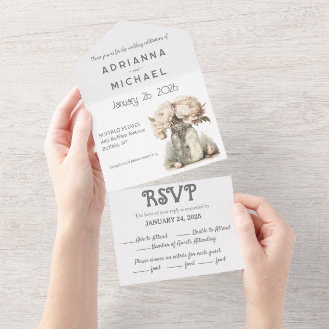 Beige Floral Mason All in One Wedding Invitation (Tearaway)