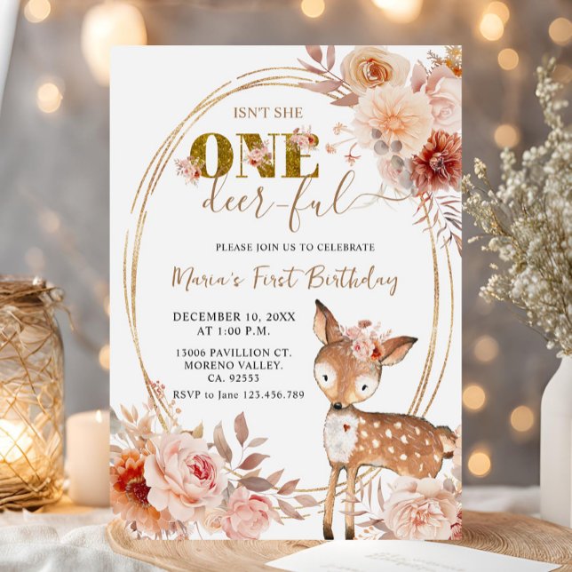 Beige Floral One Deer Ful Girl First Birthday Invitation (Creator Uploaded)