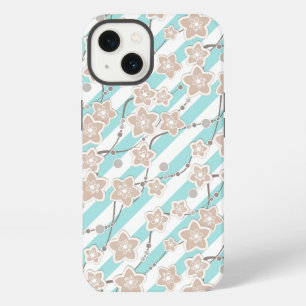 beige floral pattern on mint with white striped iPhone 13 case