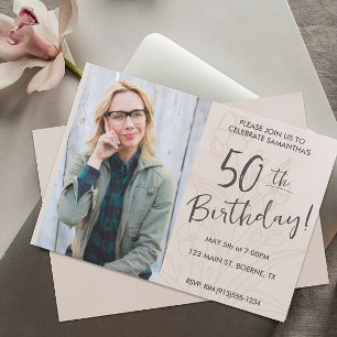 Beige Floral Photo 50th Birthday Invitation