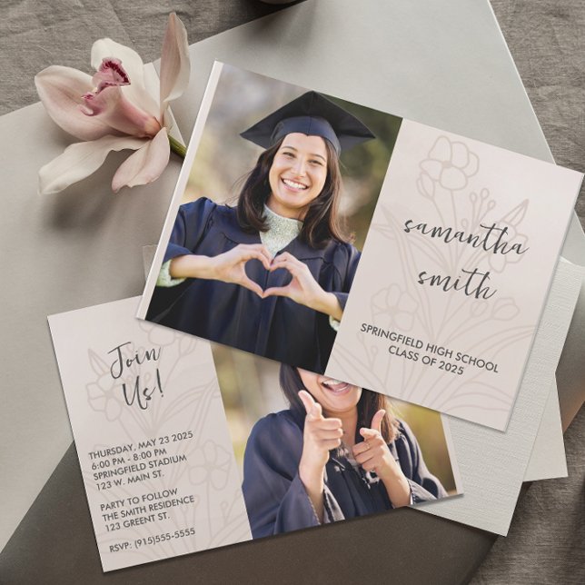 Beige Floral Photo Graduation Invitation (Creator Uploaded)
