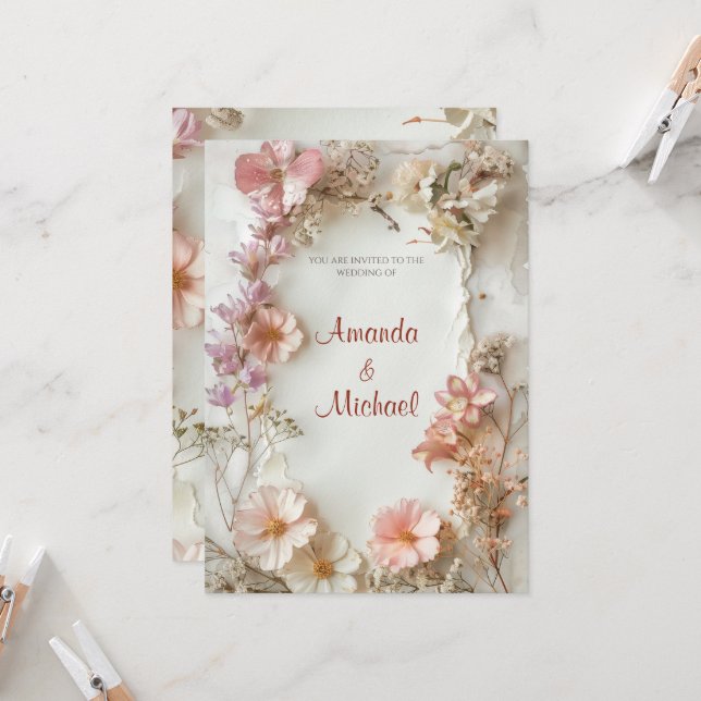Beige Floral Wedding Invitation (Front/Back In Situ)