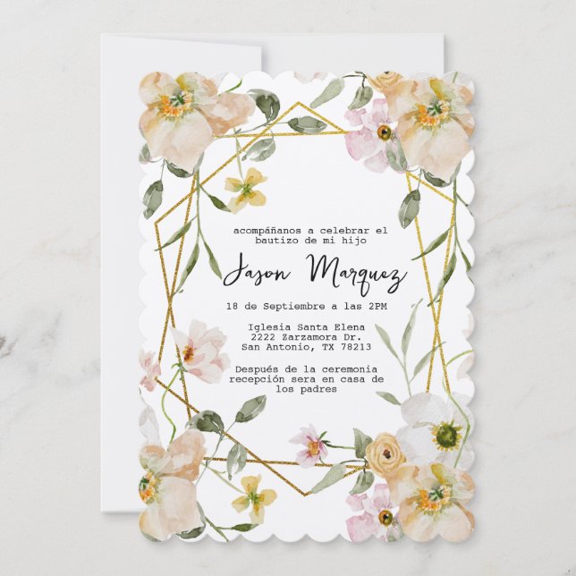 beige flower with gold frame baptism invitation  (Front)