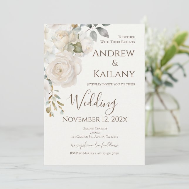 Beige Flowers Wedding Invitation (Standing Front)