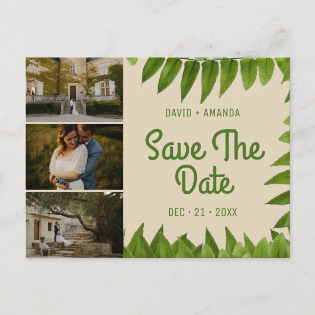 Beige Foliage Three Photo Collage Save The Date Announcement Postcard (Front)