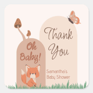 Beige Forest Themed Fox Baby Shower Square Sticker
