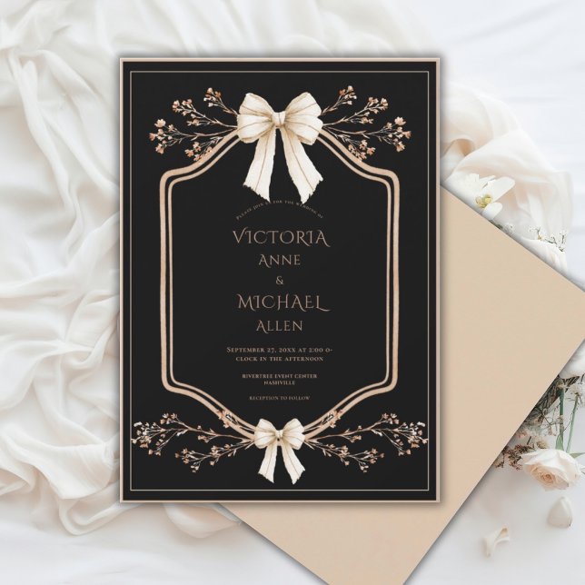 Beige Frame Floral Elegant Black Wedding  Invitation (Creator Uploaded)