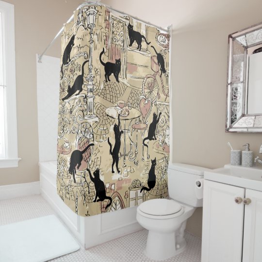 Beige French Cat  Paris Cafe  Shower Curtain Zazzle co uk 