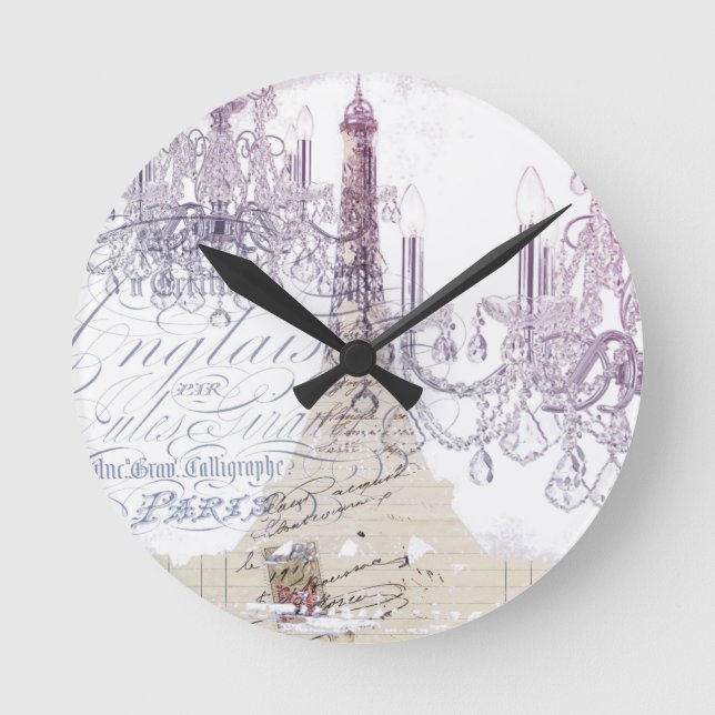 beige french scripts chandelier paris eiffel tower round clock (Front)