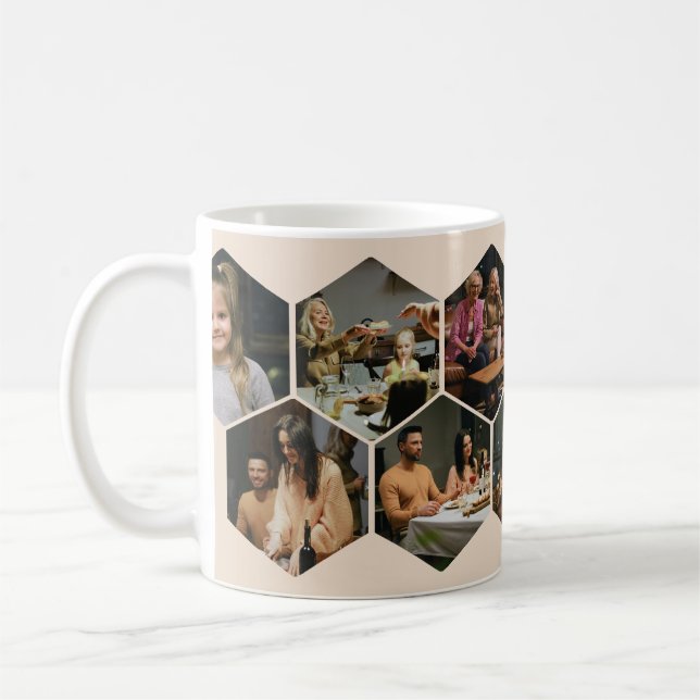 Beige Geometric Hexagon Photo Collage Coffee Mug (Left)