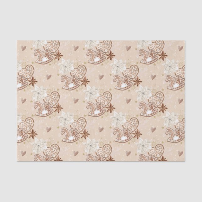Beige Gingerbread Rocking Horse Cookie Pattern Tissue Paper (Front)