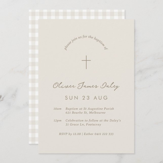 Beige Gingham Baptism Christening Cross Invitation (Front/Back)
