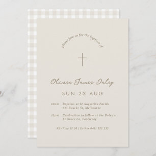 Beige Gingham Baptism Christening Cross Invitation