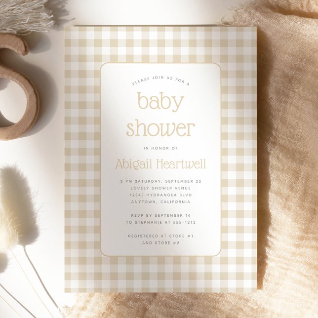 Beige Gingham Check Baby Shower Invitation (Creator Uploaded)