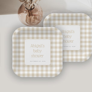 Beige Gingham Check Neutral Rustic Baby Shower Paper Plate
