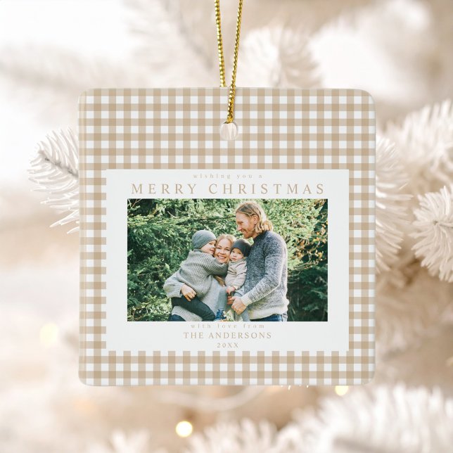 Beige Gingham Christmas Photo Ceramic Ornament (Creator Uploaded)