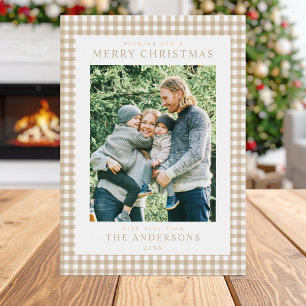 Beige Gingham Christmas Photo Holiday Card