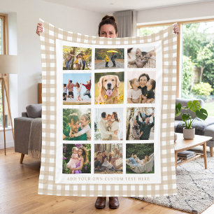 Beige Gingham Custom 12 Photo Collage Fleece Blanket
