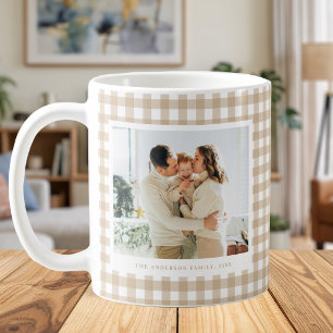 Beige Gingham Custom Photo Coffee Mug