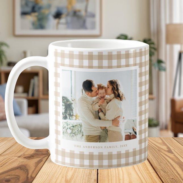 Beige Gingham Custom Photo Coffee Mug (Creator Uploaded)