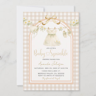 Beige Gingham Daisy Clothesline Baby Sprinkle Invitation