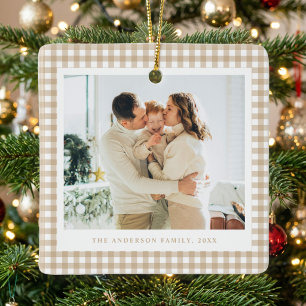 Beige Gingham Family Photo Ceramic Ornament