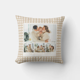 Beige Gingham Family Photo Collage Cushion