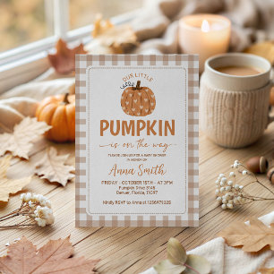 Beige Gingham Heart Pumpkin Baby Shower Invite