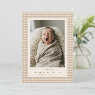 Beige Gingham Introducing Newborn Photo Stats Baby Announcement