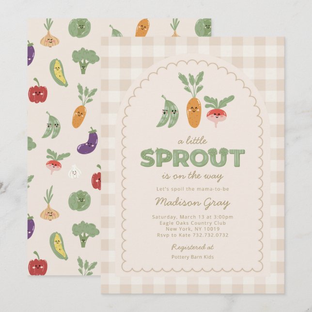 Beige Gingham Little Sprout on the Way Baby Shower Invitation (Front/Back)