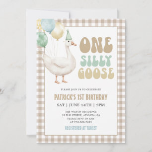 Beige Gingham One Silly Goose 1st Birthday Invitation