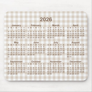 Beige Gingham Plaid Brown 2026 Calendar Mouse Mat