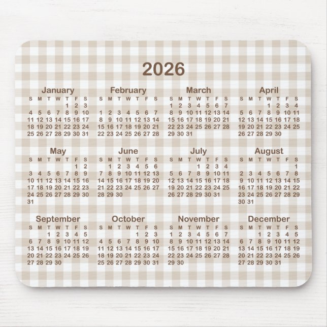 Beige Gingham Plaid Brown 2026 Calendar Mouse Mat (Front)