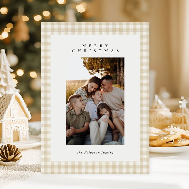 Beige Gingham Plaid Photo Merry Christmas Holiday Card (Creator Uploaded)
