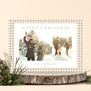 Beige Gingham Plaid Two Photo Holiday Card