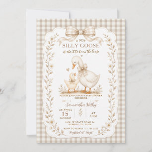 Beige Gingham Silly Goose Baby Shower Little Goose Invitation