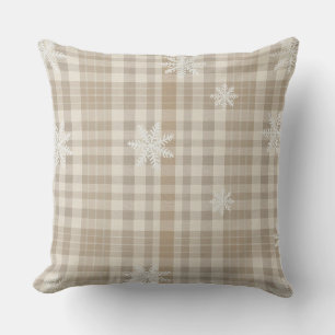 Beige Gingham Snowflake Throw Pillow –Cosy Neutral
