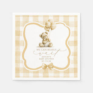 Beige Gingham Teddy Bear Neutral Baby Shower Napkin