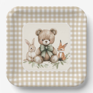 Beige Gingham Woodland Animals Baby Shower Plates