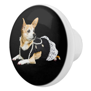 Beige Glamour Chihuahua On Black Background Photo Ceramic Knob