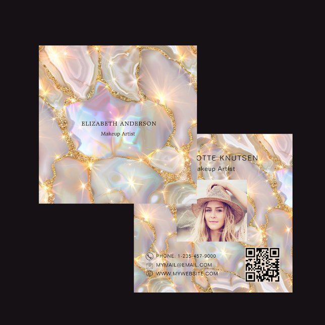 Beige gold agate holographic photo qr code square business card (Creator Uploaded)
