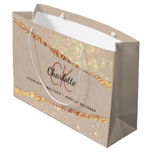 Beige gold agate marble monogram business large gift bag