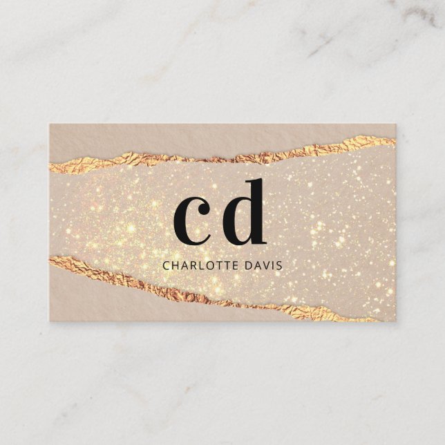 Beige gold agate marble monogram initials business card (Front)
