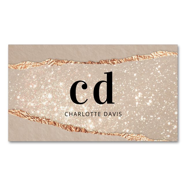 Beige gold agate marble monogram initials 	Magnetic business card (Front)