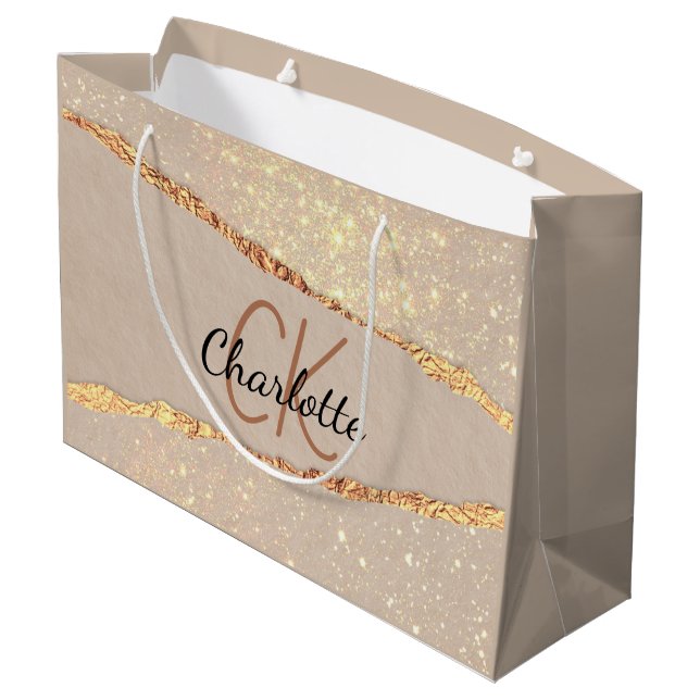 Beige gold agate marble monogram  large gift bag (Back Angled)