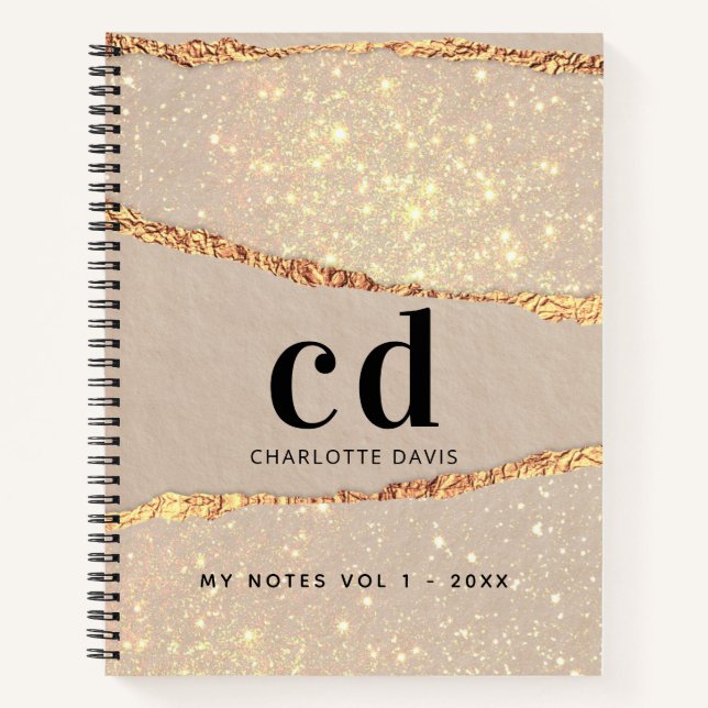 Beige gold agate marble monogram notebook (Front)