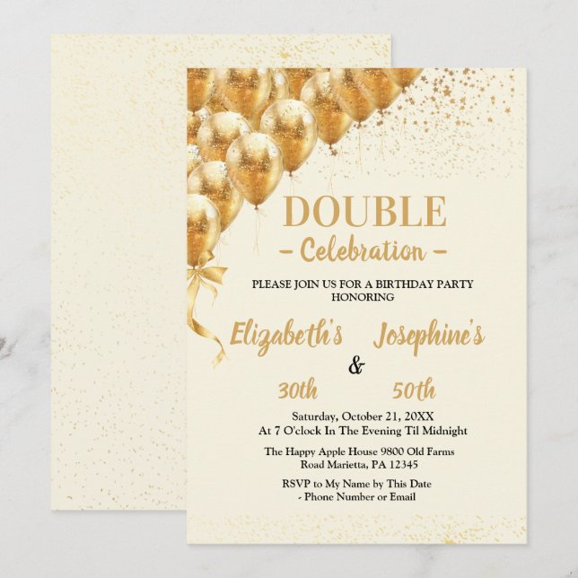 Beige Gold Balloons glitter Dual Birthday Soiree  Invitation (Front/Back)