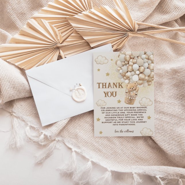 Beige Gold Bear Hot Air Balloon Thank You Card (Creator Uploaded)